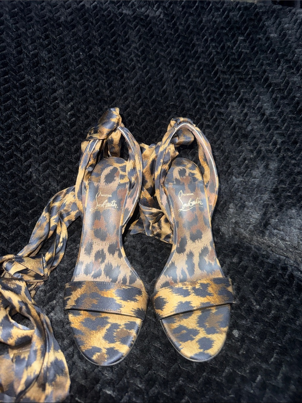 Christian Louboutin Leopard-Print Satin Ankle-Tie Heels in Gold and Black